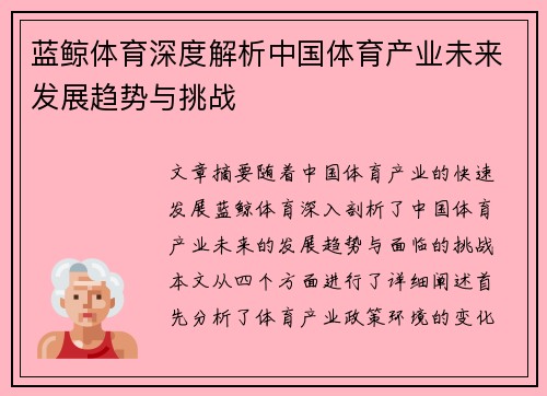蓝鲸体育深度解析中国体育产业未来发展趋势与挑战