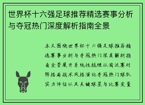 世界杯十六强足球推荐精选赛事分析与夺冠热门深度解析指南全景